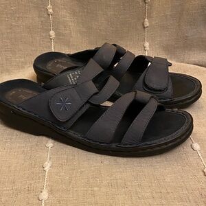 Women Adjustable Straps Navy Blue Leather Slide Sandals